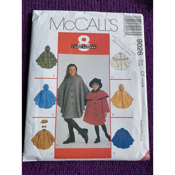 McCalls sewing pattern 9026 kids poncho size 4 5 6 - Picture 1 of 5